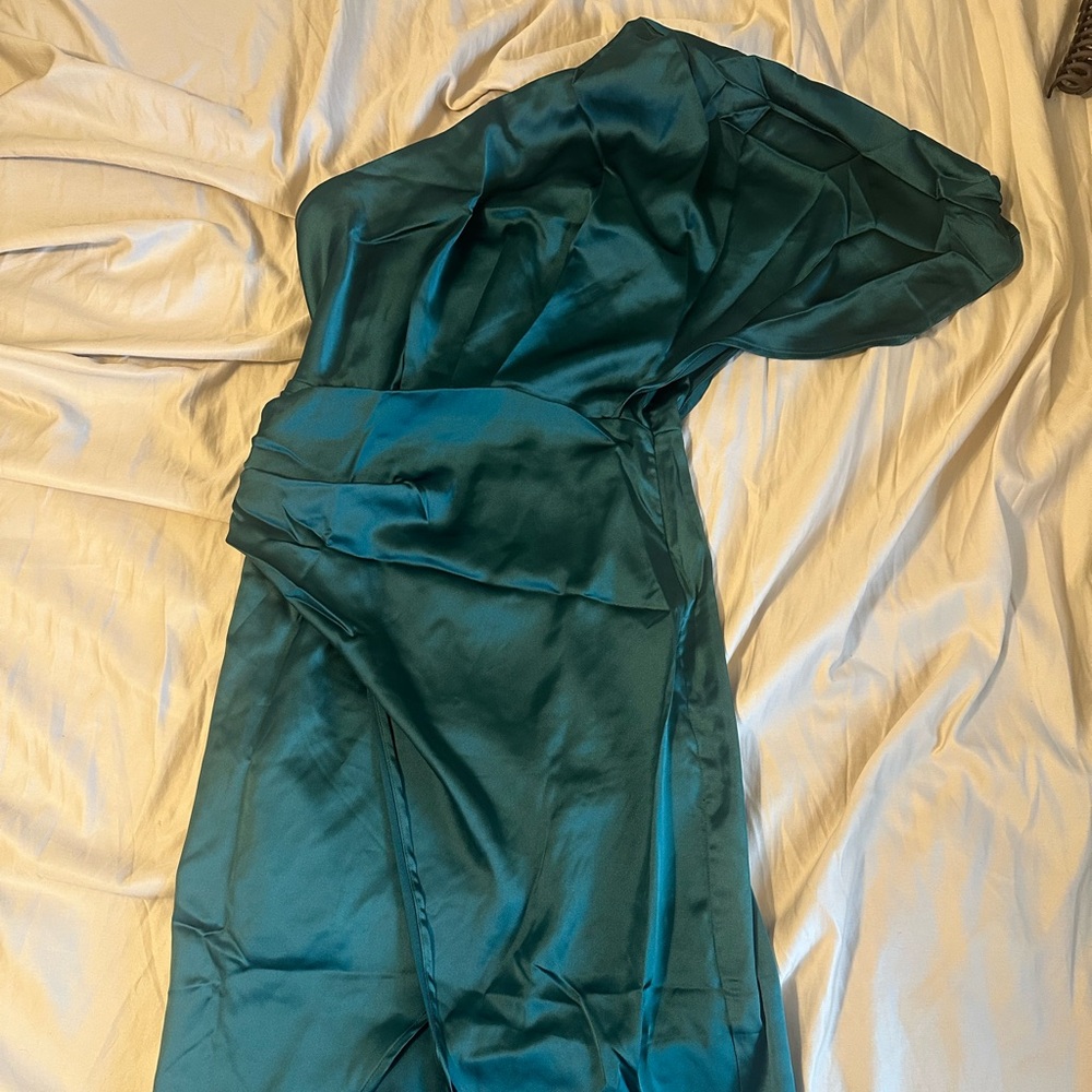 Green satin one shoulder midi dress